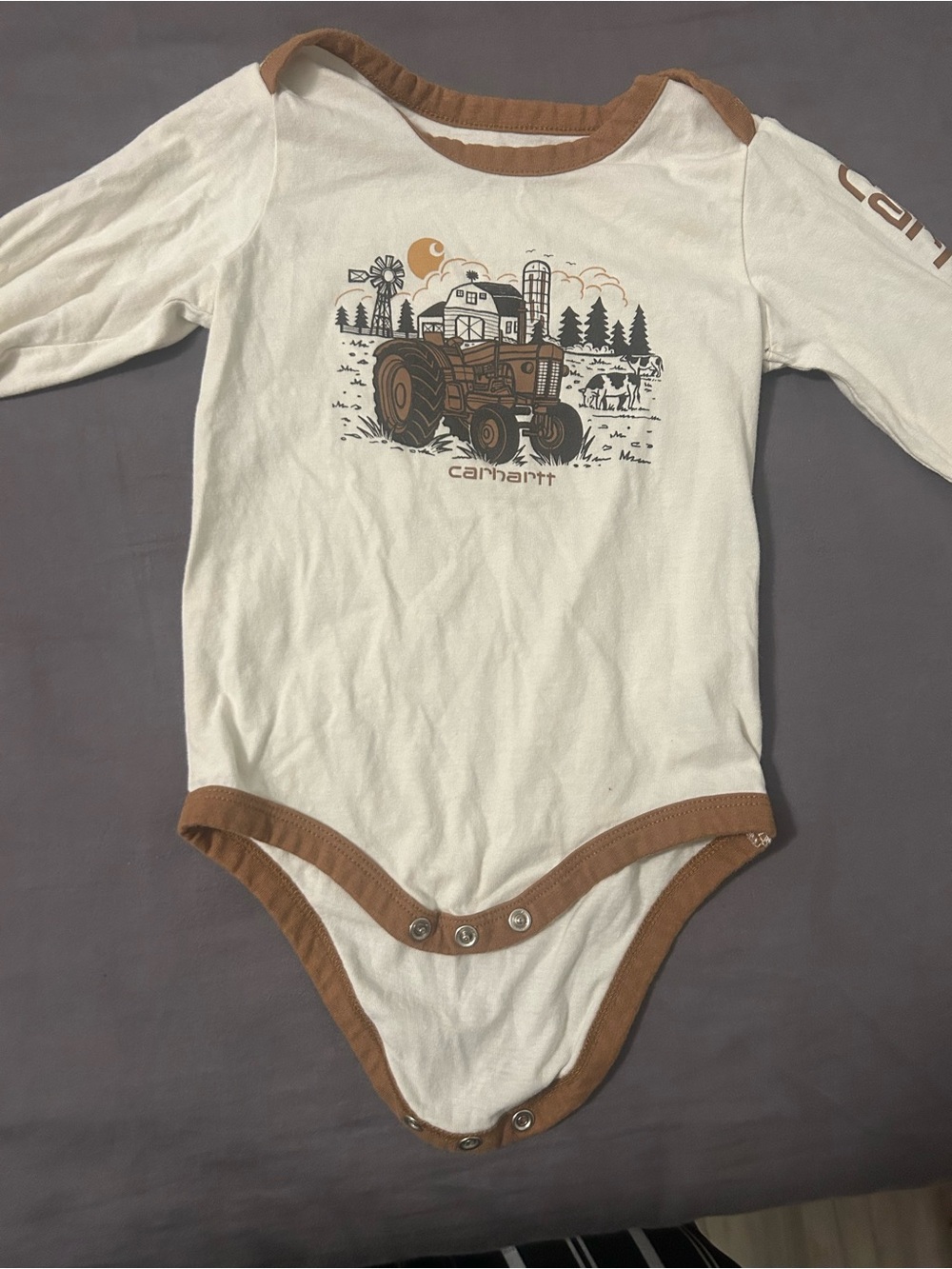 Carhartt Cream and Brown Tractor Graphic Baby Bodysuit size 12M